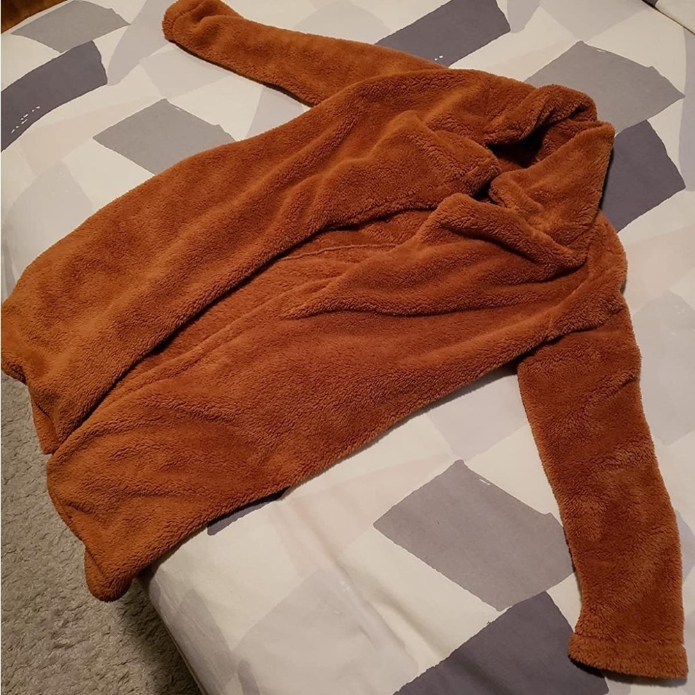 Women's Fuzzy BROWN TEDDY COAT Open Front Long Coat SIZE MEDIUM